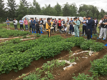 帯広畜産大学圃場で秋本先生から説明を受ける　